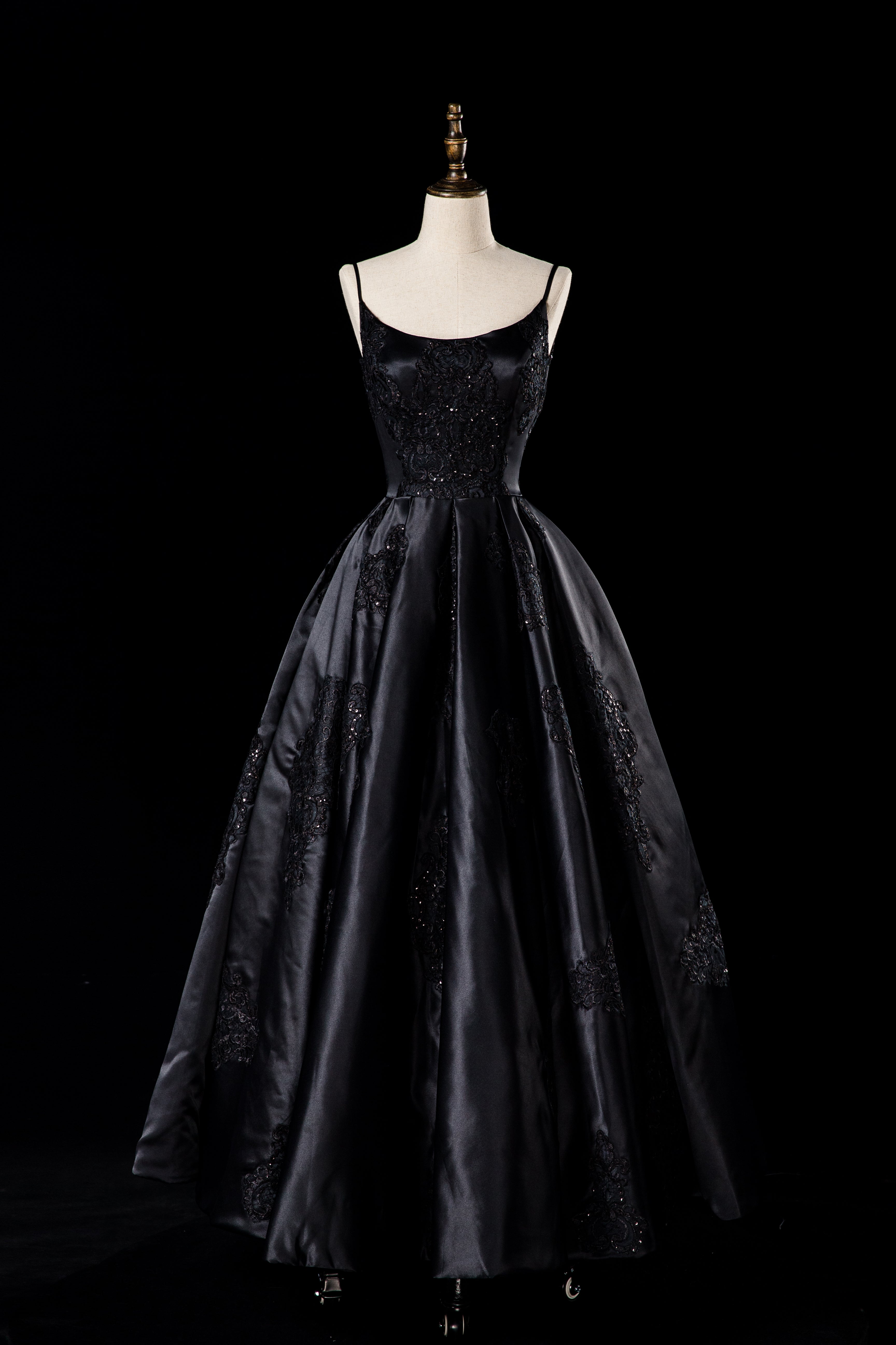 Black Gothic Lace Floral Embroidered Wedding Dress With Spaghetti Stra –  WonderlandByLilian